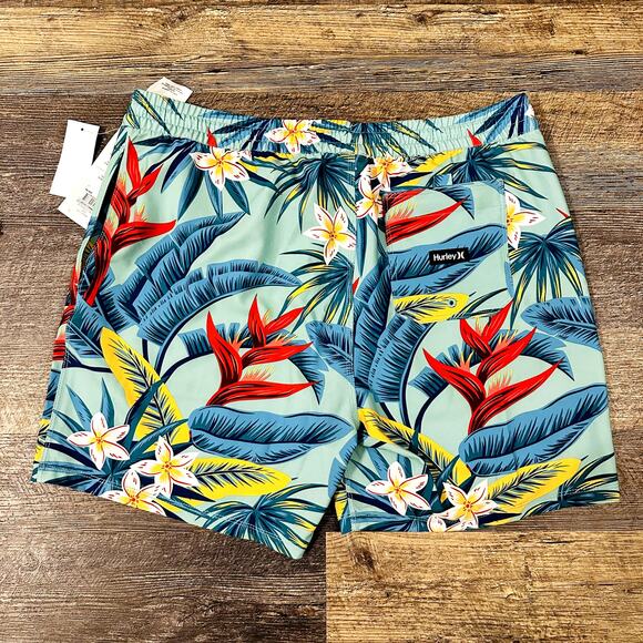 Hurley Men's Blue Leaf No Liner Elastic Waist Boardshort Swim Trunks Size XL NWT - Picture 2 of 4